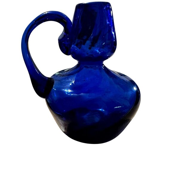 Cobalt Blue Miniature Pitcher Jug Vintage Handblown Swirled Glass Bottle 3.75 in - Picture 3 of 6